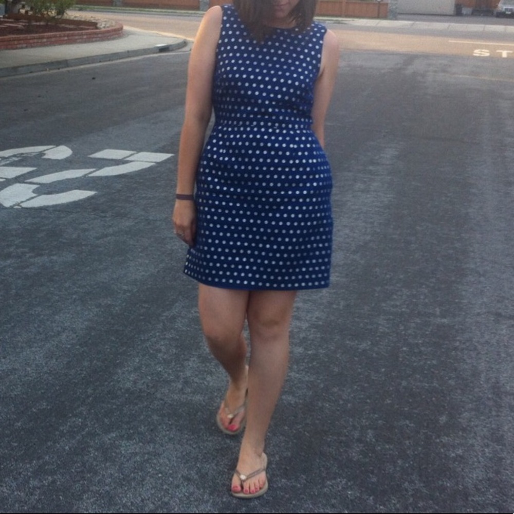 J. Crew blue and silver metallic polka dot dress